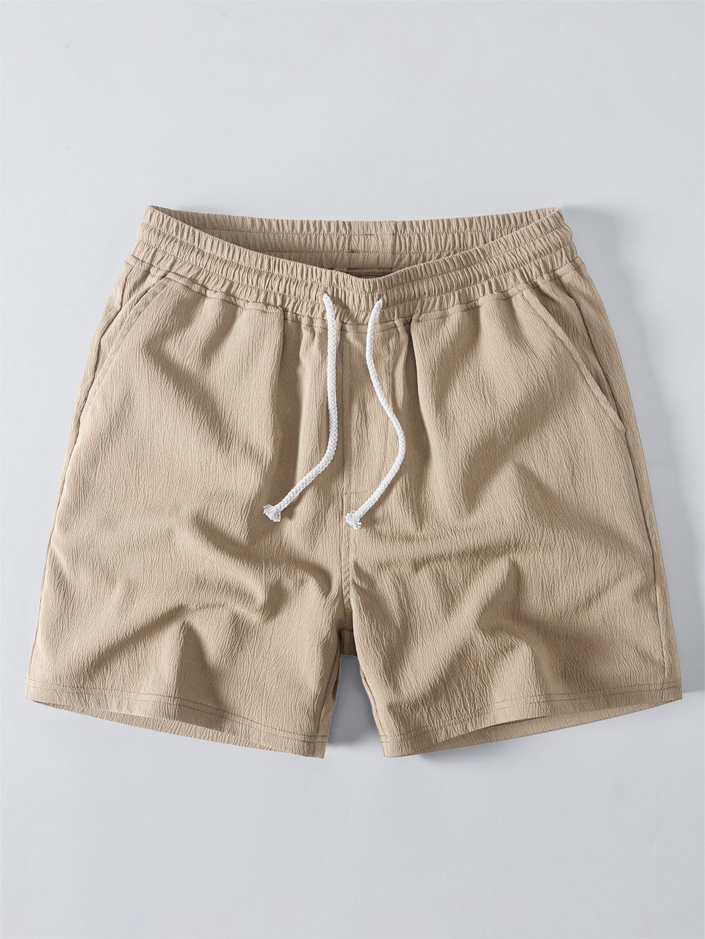 Linen Look Button Up Shirt & Crinkle Textured Drawstring 5" Shorts